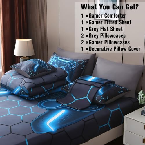 JQinHome Twin Gamer Comforter Set 6 Piece Bed in A Bag for Boys,3D Video Game Bedding -All Season Soft Microfiber Down Alternative Comforter Gamer Bedding Sets for Kids (Blue) - Image 5