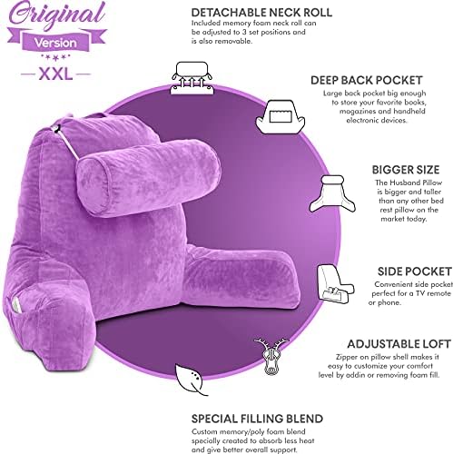 Husband Pillow XXL The Original for Adults - 30" Tall Backrest for Sitting Up in Bed - Firm Support Reading, Bed Rest Pillow for Adults, Neck Roll, Removable Cover - TV - Light Purple - Image 5