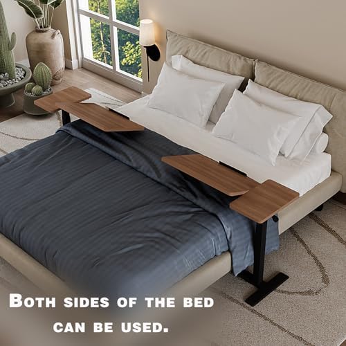 Adjustable Overbed Bedside Table with Wheels Pneumatic Mobile Standing Laptop Desk Rolling Computer Cart Movable Couch Desk Hospital Home Use, Walnut - Image 2