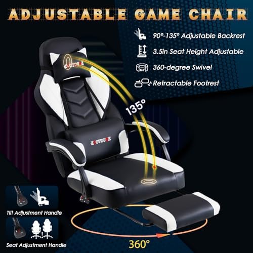 ECOTOUGE White Big and Tall Ergonomic Massage Gaming Chair with Footrest | Lumbar Support, Reclining High Back, 360° Swivel, Computer Chair, Sturdy, Comfortable, Height Adjustable, for Gaming & Office - Image 4