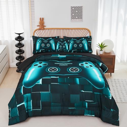 PERFEMET Gamer Bedding Set Twin Size 6-Piece Teal Blue Game Console Bed in A Bag for Boys Kids Teen 3D Black Gamepad Gaming Bedroom Collections(Teal, Twin) by PERFEMET