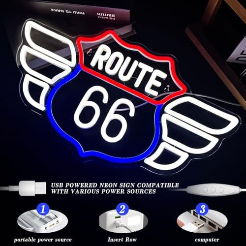 Route 66 Neon Sign Vintage Route 66 Garage Wall Decor Dimmable Us High Way Led 66 Road Sign for Man Cave Garage Neon Lights for Bedroom Party Gift - Image 5
