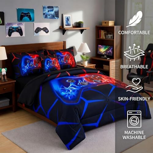 ZRNBAST 6-Piece Gamer Comforter Set Queen Size Red and Blue Gaming Bedding Sets for Boys with Sheets Soft Fluffy Game Console Design Bed in a Bag (Red Blue, Queen) - Image 2