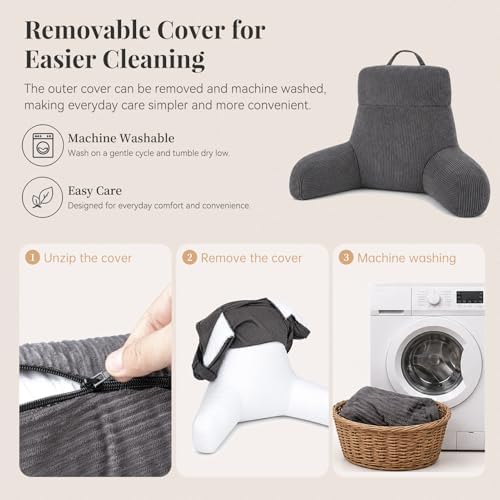 Reading Pillow with Arms for Bed Sitting Up, 18 Inch, Dark Grey - Image 6