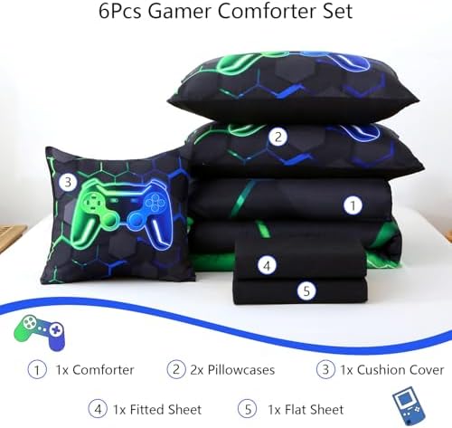 Gaming Twin Bedding Sets for Boys, Green and Blue Gamer Kids Comforter Set, 6 Pieces Game Console Bedding Comforter Sheet Set (Green Blue, Twin) - Image 3