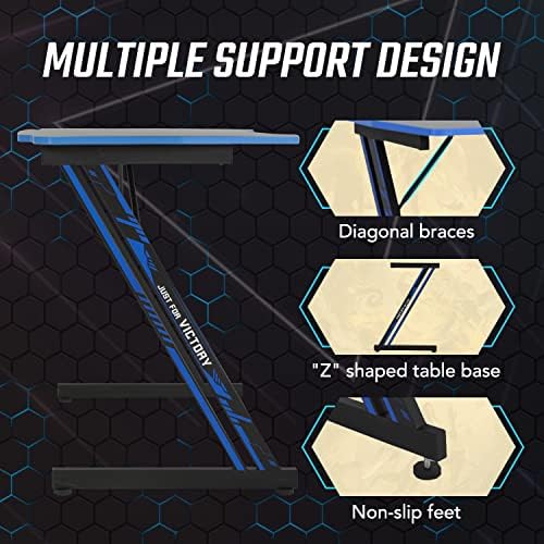 BestOffice Gmaing Desk Z Shaped 39.4in Computer Gaming Workstation Ergonomic Gaming Table with Headphone Hook for Game Players, Blue - Image 4
