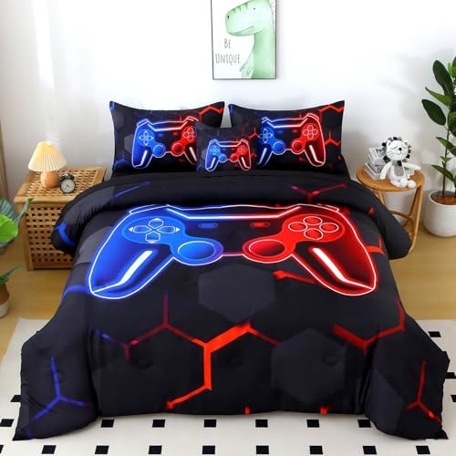 6 Pieces Full Size Kids Comforer Set for Boys Blue and Red Gaming Bedding Set 3D Honeycomb Gamer Bed in a Bag Game Console Printed Teen Boy Bed Comforter Sheet Set (Blue Red, Full) by BYHOFMLY