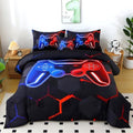 6 Pieces Full Size Kids Comforer Set for Boys Blue and Red Gaming Bedding Set 3D Honeycomb Gamer Bed in a Bag Game Console Printed Teen Boy Bed Comforter Sheet Set (Blue Red, Full) by BYHOFMLY