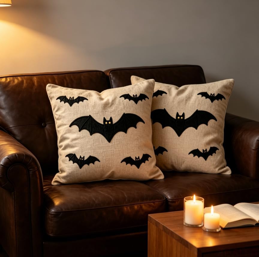 Halloween Bat Throw Pillow Covers, Beige Linen, 18x18 Inch, Set of 2, No Insert Included - Image 5