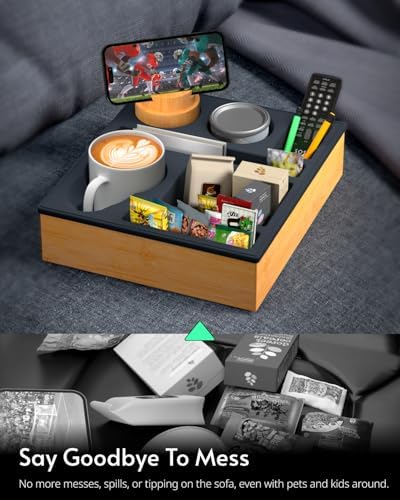 Couch Cup Holder Tray - Couch Organizer Caddy, Silicone Beach Caddy with Cup Holder, Sofa and Bed Drink Holder and Couch Tray Table for Snacks Beverage Remote (Black) - Image 5