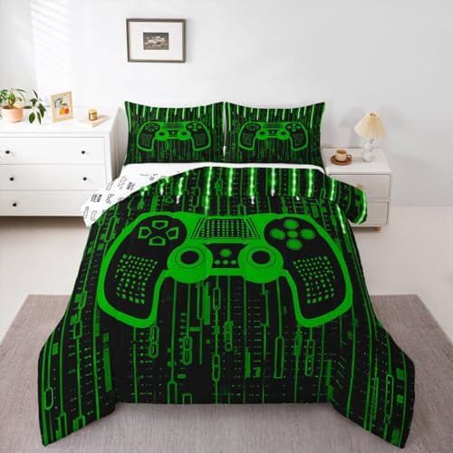 Feelyou Kids Boys Green Gaming Bedding Set Full Size,Gamer Comforter Light 3D Gamer Comforter Set for Modern Game Duvet Set Game Room 3Pcs Room Decor Quilt Set Bedding Collection - Image 4