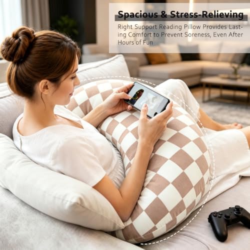 Ergonomic U-Shaped Gaming & Lap Pillow for Crocheting - Cute Geometric Grid Crochet Pillow with Elbow & Arm Support, Lap Desk Pillows for Reading, Playing or Crocheting, Suitable for Adults - Brown - Image 6