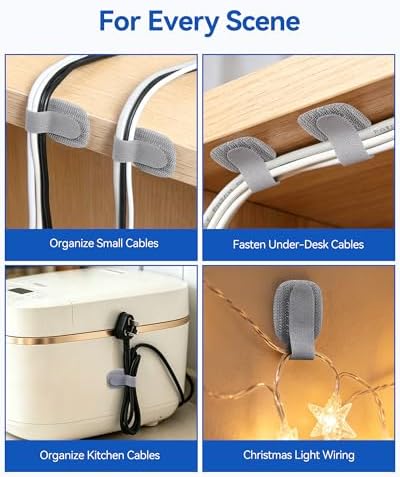 AGPTEK 80Pcs Self-Adhesive Cable Ties, Hook and Loop Cable Straps, Gray - Image 7