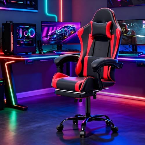 Magshion Video Gaming Computer Chair with Footrest, Red | Ergonomic, Lumbar Support, Adjustable Height, Racing Style, High Back Recliner, Comfy Leather, Swivel Seat, for Home Office - Image 2