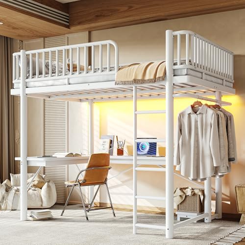 Bellemave Full Metal Loft Bed with L-Shaped Desk,LED Lights and Charging Station,Heavy Duty Loft Bed Frame with Hanging Rod & CPU Tray for Kids Teens Adults,Space-Saving,White by Bellemave