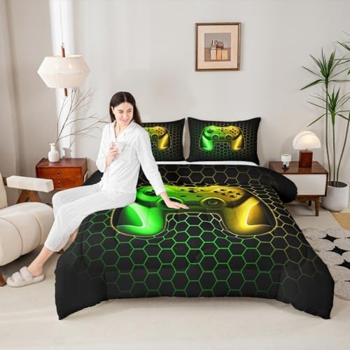 Feelyou Gamer Comforter Set for Boys Teens Gaming Bedding Set Video Game Contoller Home Decor for Kids Honeycomb Comforter,Yellow Green Queen Size 3 Pieces 2 Pillowcases Boys - Image 5