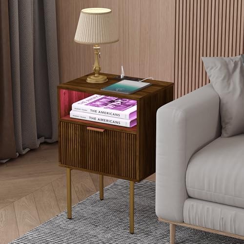 JOONEE Nightstand with Outlet and Led Light, Bedside Table with Storage Drawer, Fluted Side Table for Living Room, Bedroom - Image 7