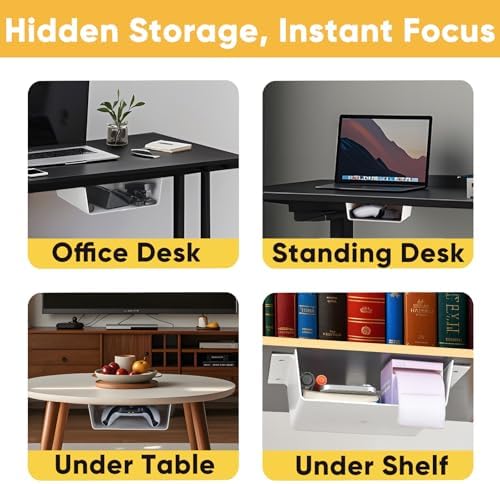 2 Pack Under Desk Hanging Shelf Drawer Organizer, Attachable Plastic Hidden Storage Tray, Easy Adhesive Mount Holder for Standing Tables, Office, Counters, Cabinets, Workstations - White - Image 2