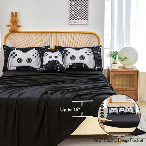 PERFEMET 6 Pieces Bed in A Bag Gamer Comforter Set Queen Size-Black White Game Console Bedding Set for Boys Girls-Soft Comfy 3D Cool Video Game Kids Bed Set(White, Queen) - Image 5
