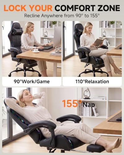 GTPLAYER Gaming Chair for Adults, Computer Chair with Footrest, Black | Ergonomic Video Game Chair with 90-155° Recline, Removable Headrest & Lumbar Support, All-Day Comfort for Home & Office - Image 5