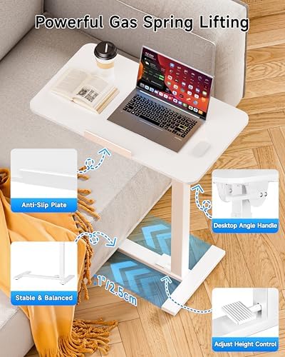 BIZUM Mobile Standing Desk Laptop Desk Pneumatic with Wheels 180° Tilt Top Hospital Bed Table Portable Rolling Cart Foldable Bedside Table for Hospital&Home Use, White - Image 3