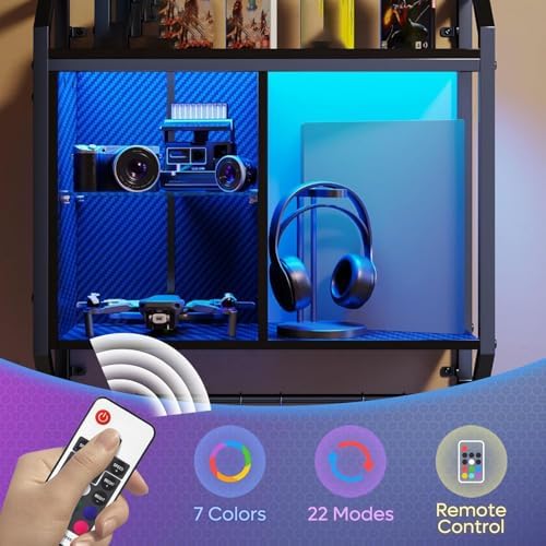 Bestier 25" LED Gaming Floating Shelves for Wall, Wall Mounted Shelf Pipe Adjustable Glass Shelves, Hanging Display Rack with 6 S-Hooks Towel Bar, Gaming Room Decor Shelf, Carbon Fiber Black - Image 4