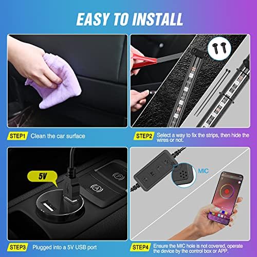 Nilight 4PCS USB Car Interior Lights Dream Color App and Remote Control | 72LED 5V DC RGB-IC Music Car Neon Accent Light Strips Under Dash Lighting Kit with Sound Active Function - Image 6