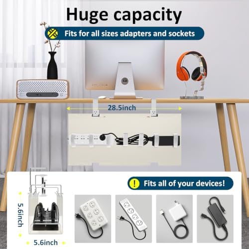 28" Small Under Desk Cable Management Tray No Drill, Compact Clamp On Cord Organizer for Dorm & Small Desk, Anti-Sag Oxford Fabric Wire Hider, Power Strip Holder (Beige, 28.6") - Image 2