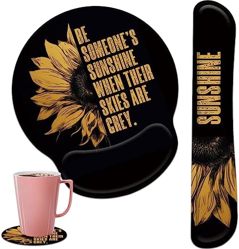 Keyboard Wrist Rest and Mouse Pad Wrist Support Set with Coffee Coaster, Non-Slip PU Base for Gaming and Office, Comfortable & Lightweight for Easy Typing & Pain Relief,Sunflower by CICPLKSE
