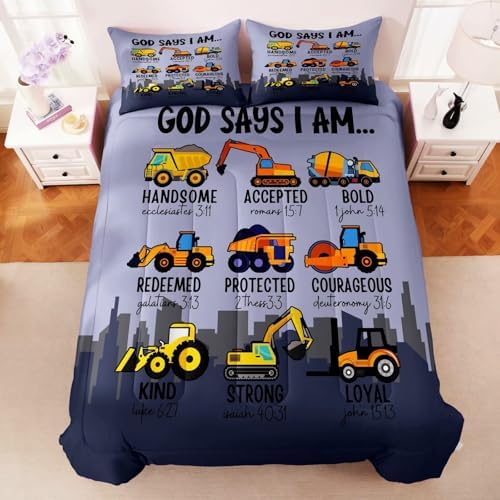 Boys Kids Construction Truck Comforter Set Full Size,3 Piece Bed in a Bag Cars Excavators Tractor Bedding Set Construction Christian Spirational Comforter with 2 Pillowcases Gray - Image 3