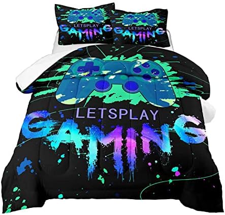 Game Comforter Set Video Gaming Bedding Sets Gamer Room Decor Queen Size Colorful Black Gamepad Soft Game Bedding Set for Boys Teen 1 Comforter and 2 Pillowcases by Kodhyvj