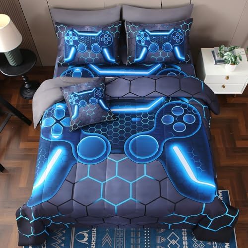 JQinHome Twin Gamer Comforter Set 6 Piece Bed in A Bag for Boys,3D Video Game Bedding -All Season Soft Microfiber Down Alternative Comforter Gamer Bedding Sets for Kids (Blue) - Image 2
