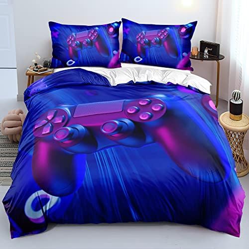3D Print Gamepad King Size Bed Blue Gaming Duvet Cover Set Boys Comforter Covers and Pillow Shams Gamer Bedroom Decorations Bedding Sets by Holiyjog