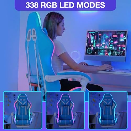 RGB Gaming Chair with Speakers Massage LED Lights Game Chairs-Sky Blue | Bluetooth Computer Gaming Chair with Footrest Video Game Chair for Adults Ergonomic High Back Gamer Chair with Lumbar Support - Image 4