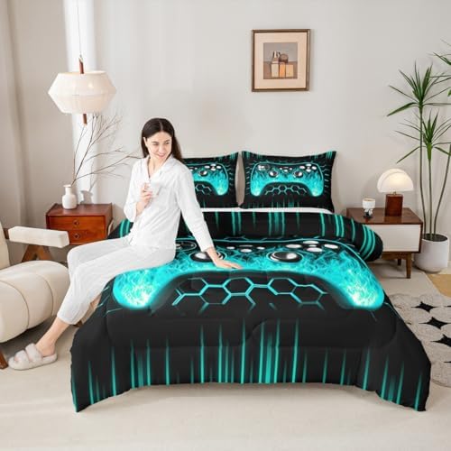 Erosebridal Ombre Art Honeycomb Gamer Bedding Set Teal Neon Lights Game Consoles Twin Bedding Sets for Boys Geometry Hexagon Beehive Down Comforter Gaming Decor for Boys Bedroom Decor - Image 5