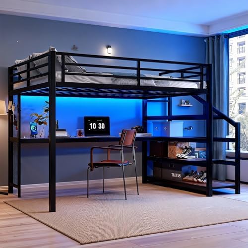 Queen Size Loft Bed with Desk and Storage Stairs, Metal Loft Bed Frame with LED Lights, Charging Station, and Multi-function Iron Nets, Loftbed for Kids, Teens, Adults, Noise-free, Black and Wood by Bellemave