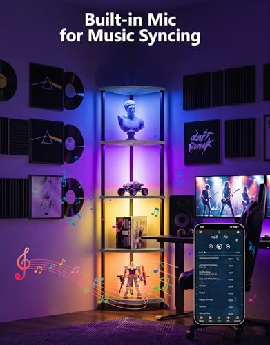 Corner Shelf with LED Light, 5 Tier Smart Color Changing Floor Lamp with Remote, 62" Display Shelf Bookshelf Narrow Storage Rack Standing Lamp for Living Room Bedroom Home Office Decor, Grey - Image 5