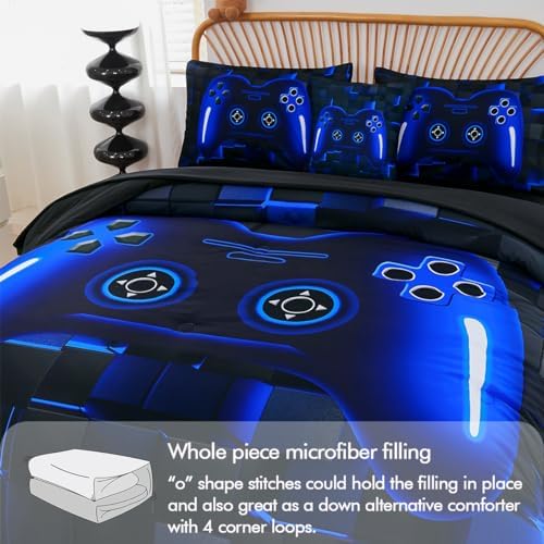 PERFEMET 6 Pieces Gamer Comforter Sets Kids Queen Size Blue Gamer Comforter Bed in A Bag for Boys Teen 3D Cool Video Gaming Black Bedding Set(Blue, Queen) - Image 6