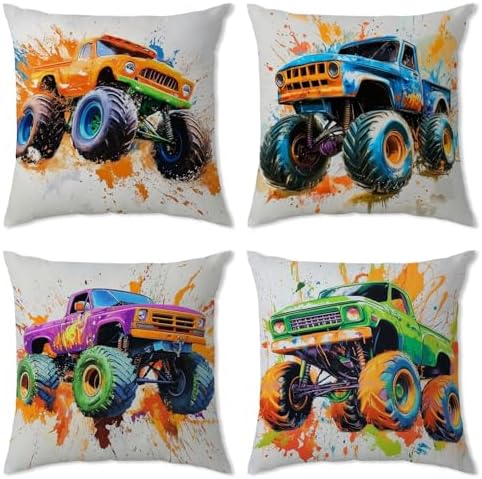 Monster Truck Throw Pillow Cover 20x20" Set of 4, Multicolor Cartoon Car Pillowcase for Sofa Couch Bed Soft Decorative Pillow Cover Kids Boys Room Monster Truck Cushion Covers Party Home Decorations by YOOOAHU