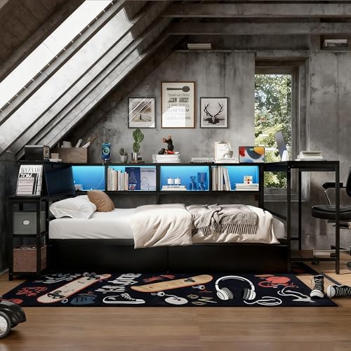 Bellemave Full Size Corner Bed Frame with Storage Drawers, Bookcase and Side Desk, Full Corner Bed with Light and Charging Station, Daybed for Bedroom, Living Room, Guest Room Black - Image 3