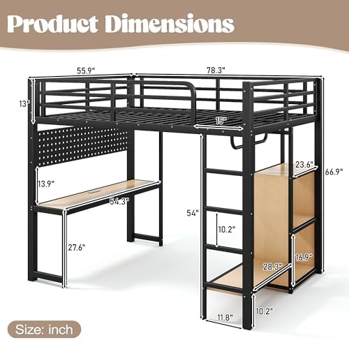 Bellemave Metal Full Size Loft Bed with Desk and LED Lights,Heavy Duty Loft Bed Frame with Storage Shelves and Charging Station for Kids,Teens,Adults, Space Saving,Black - Image 2