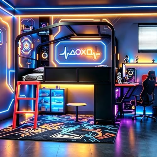 Bellemave Twin Size Gaming Loft Bed with Side Desk, Storage Cabinets & USB Ports, Metal Low Loft Bed Frame with Canopy Design & LED Lights for Kids Teens (Black/Twin) - Image 3
