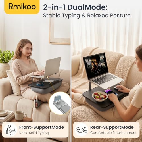 Rimkoo Elevated Lap Desk for 15.6" Laptop, 2-in-1 Dual Laptop Stand with Pillow Cushion, Lightweight Lap Tray for Couch & Bed, Ergonomic Design for Stable Typing & Relaxed Posture, Black - Image 2
