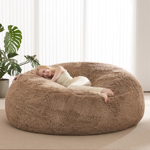 Bean Bag Cover (No Filler), Faux Fur Beanbag Chairs Covers Only, Stuffed Animal Storage Bean Bag, Giant Washable Beanbag Cover Without Filling, 6FT, Khaki by ODreamyDogs