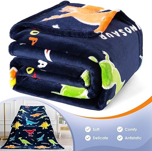 Jekeno Dinosaur Glow in The Dark Blanket Dino Gift Throw for Kids Boys Girls Birthday Christmas Halloween Easter Decor for Age 1-16 Years Old Teens Child Toddler Son Throw Navy Blue 60"x80" - Image 4