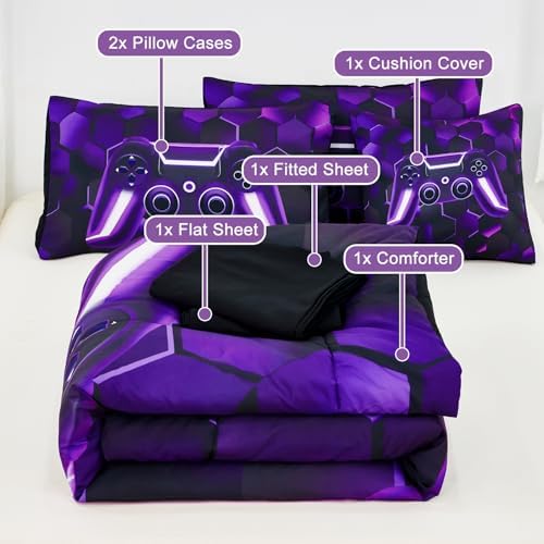 URBONUR 6Pcs Kids Gaming Comforter Set Queen Size for Teen Boy Black Purple - Image 5