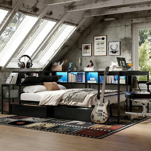 Bellemave Queen Size Corner Bed Frame with Storage Drawers, Bookcase and Side Desk, Queen Corner Bed with Light and Charging Station, Daybed for Bedroom, Living Room, Guest Room Black - Image 4