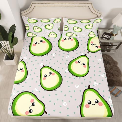 Erosebridal Avocado Sheet Set for Kids Boys Girls Green Kawaii Yellow Avocado Bed Sheet Set Queen Size Cartoon Avocado Decor, 1 Fitted Sheet, 1Fruits Food Flat Sheet, 2 Cute Pillowcases - Image 2