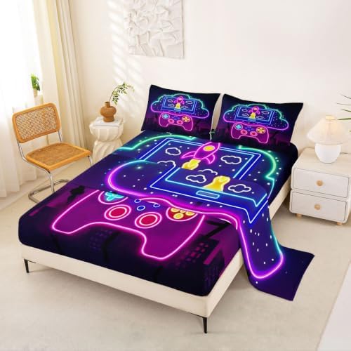Erosebridal Gaming Sheet Set Twin Purple Gamepad Fitted Sheet for Kids Boys Girls Modern Gamer Bed Sheet Set Vintage Video Games Top Sheet for Bedroom Decor with Deep Pocket Gaming Flat Sheet by Erosebridal