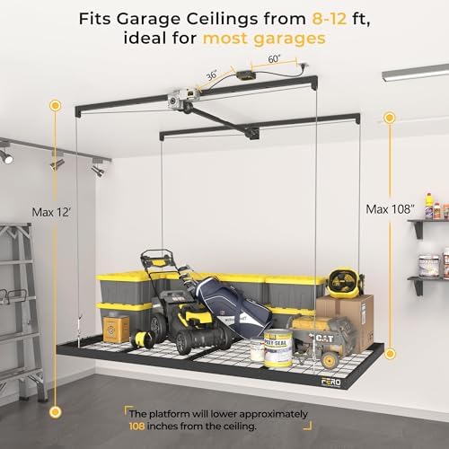 FERO Motorized Overhead Garage Storage Rack with Remote Control, Heavy-Duty Ceiling Mounted Organizer, 4x8 FT Ceiling Storage Lift System, Space-Saving Hanging Garage Shelves, 325 LBS Capacity - Image 3